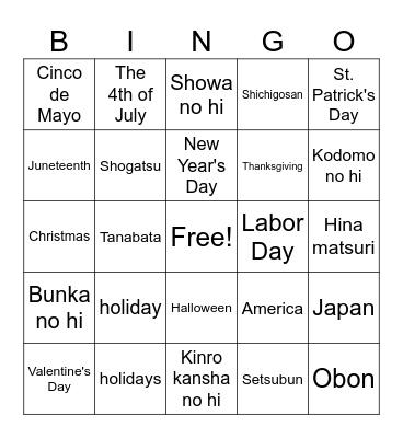Holidays Bingo Card