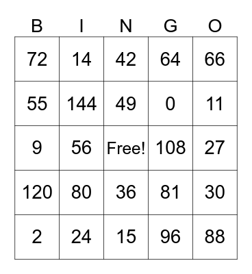 Multiplication Facts BINGO Card