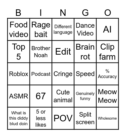 Instagram reels/Youtube shorts Bingo Card