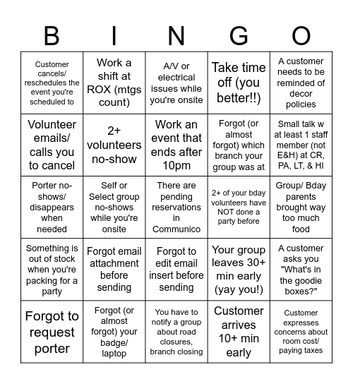 E&H  Bingo Card