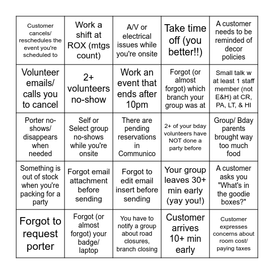 E&H  Bingo Card
