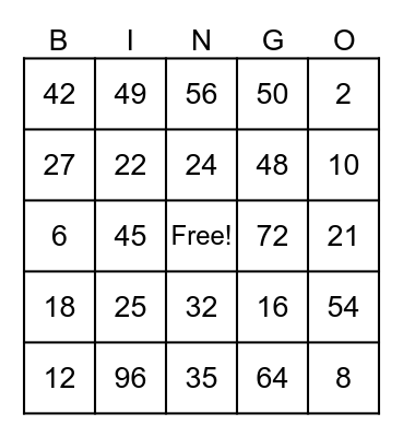 Multiplication Bingo Card