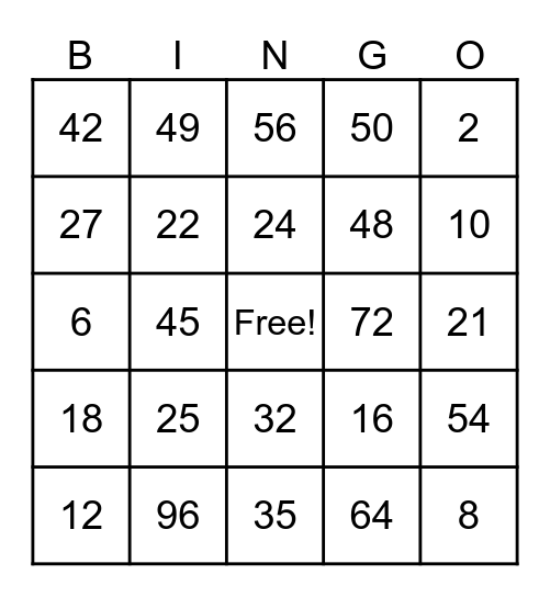 Multiplication Bingo Card