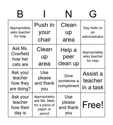 Social Skill Bingo Card