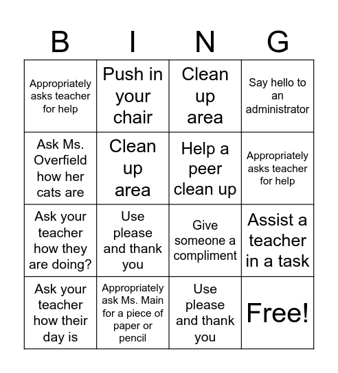 Social Skill Bingo Card