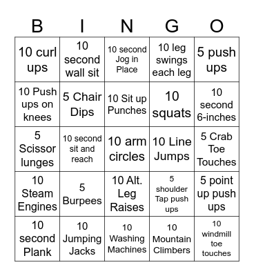 Fitness Bingo Card