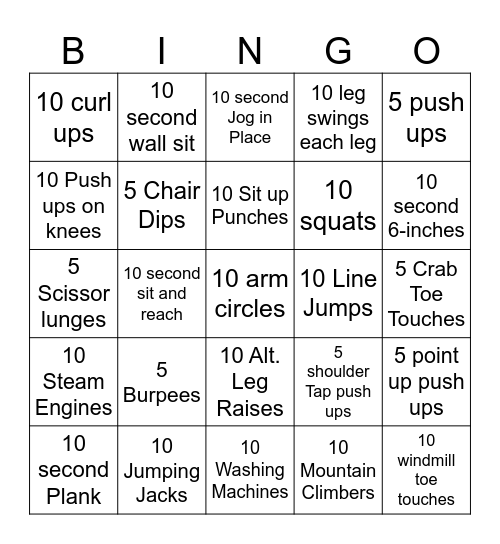 Fitness Bingo Card