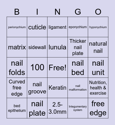 Nail Structure & Growth Bingo Card