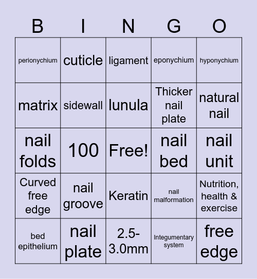 Nail Structure & Growth Bingo Card