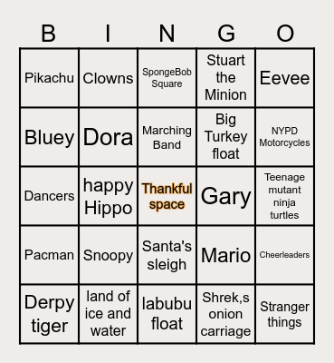 Macy's Thanksgiving day Bingo Card
