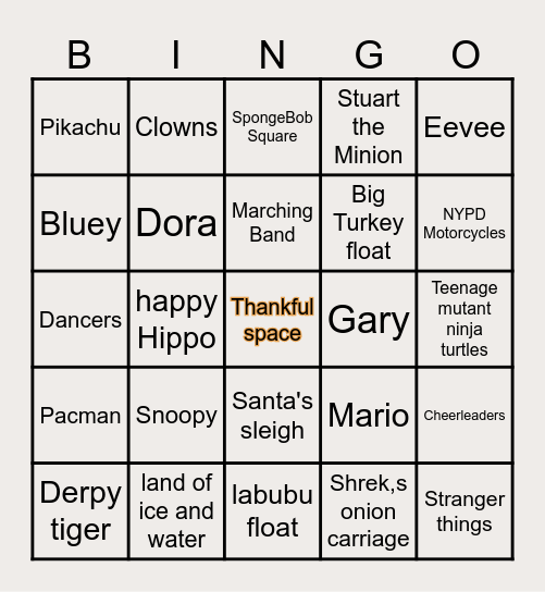Macy's Thanksgiving day Bingo Card