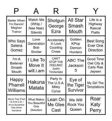 Never Gonna Grow Up Music Bingo Card