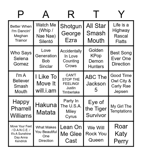 Never Gonna Grow Up Music Bingo Card