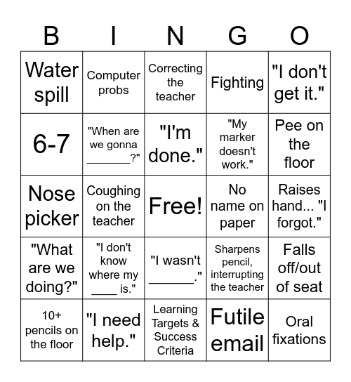 PRE-HOLIDAY TEACHER BINGO Card