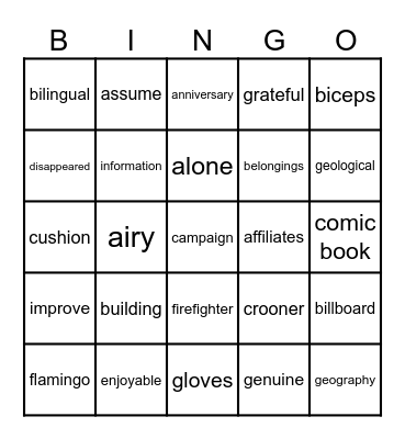 Spelling Bee Bingo Card