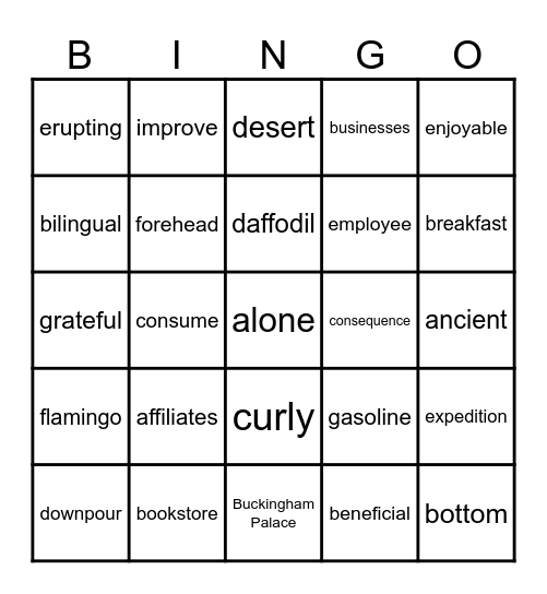 Speling Bee Bingo Card