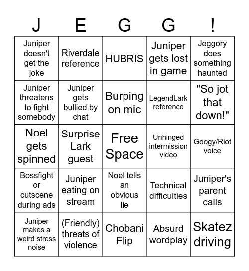 Jeggboy Stream Bingo Card