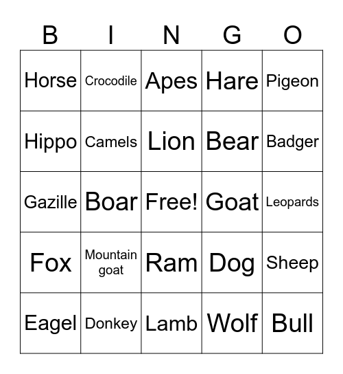 Bible Mammals Bingo Card
