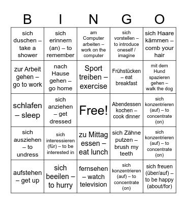 Reflexiv Verbs Bingo Card