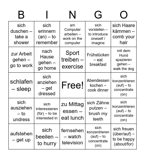 Reflexiv Verbs Bingo Card