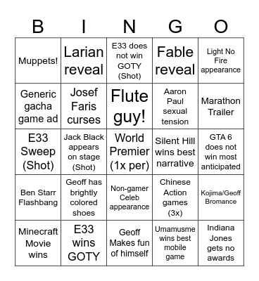 Game Awards 2025 Bingo Card