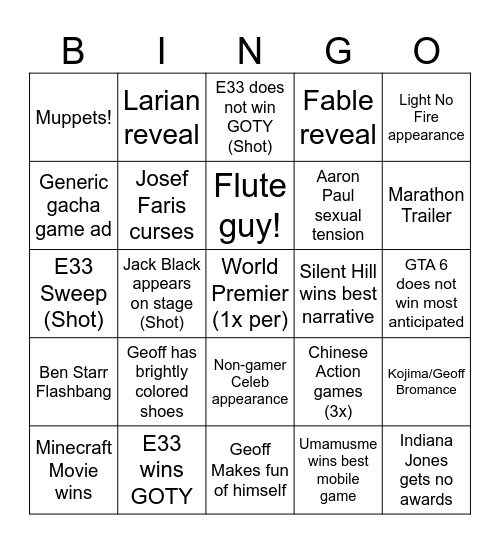 Game Awards 2025 Bingo Card
