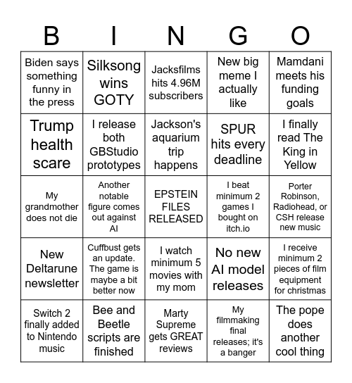 Ana's December Bingo Card Bingo Card
