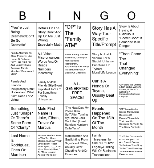 A.I.-Generated Story Tropes Bingo Card