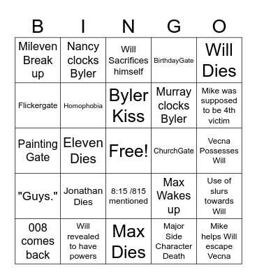 Stranger Thins S5 Bingo Card