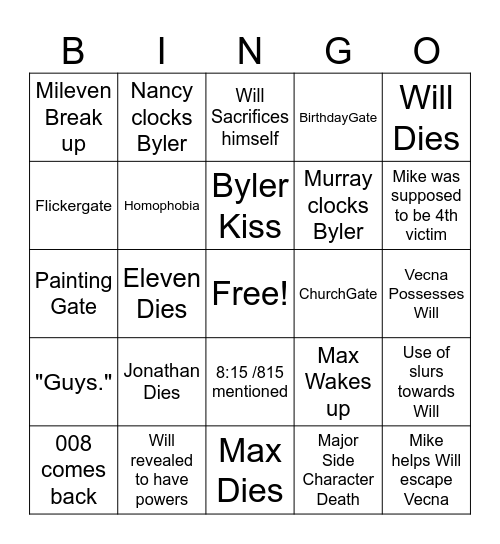 Stranger Thins S5 Bingo Card