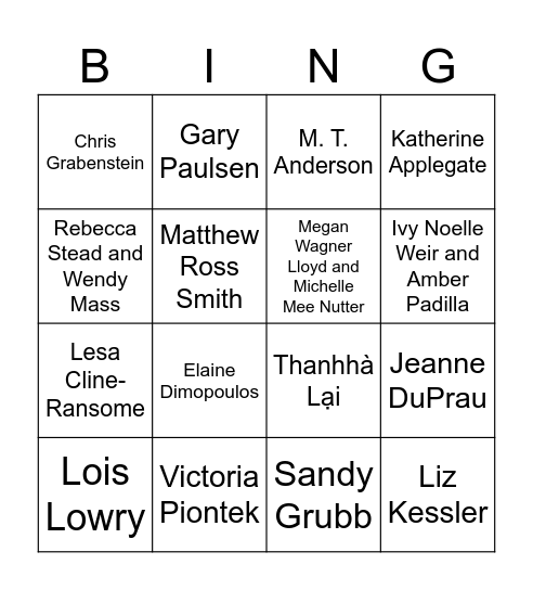 OBOB Author Bingo Card