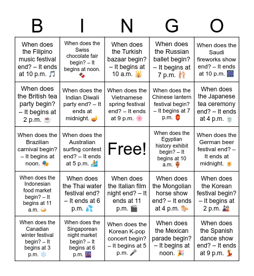 B9 L12 When does the Turkish bazaar begin? – It begins at 10 a.m. 🕌 Bingo Card
