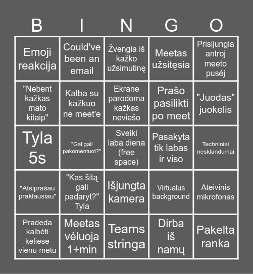 Teams meeting Bingo Card