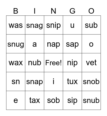 "Sn" Blends Bingo and CVC Review Bingo Card