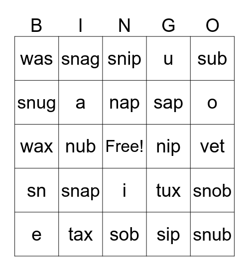 "Sn" Blends Bingo and CVC Review Bingo Card