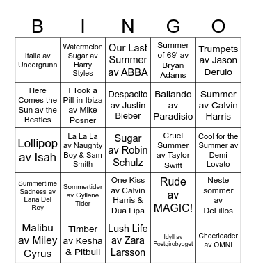 UiS Sommerfest Musikkbingo Card