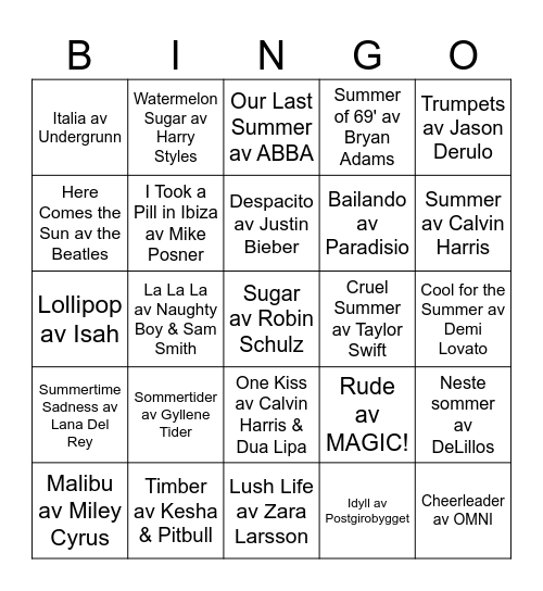 UiS Sommerfest Musikkbingo Card