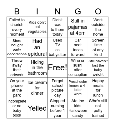 Mommy Guilt Bingo Card