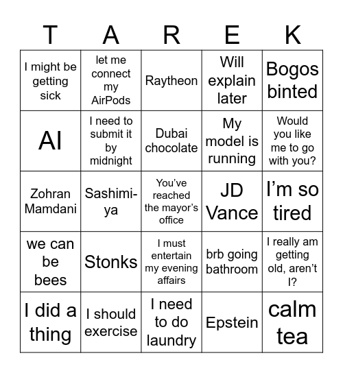 Tarek Bingo Card