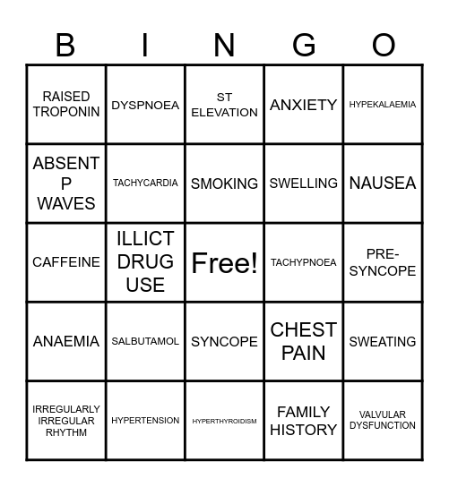 PALPITATIONS Bingo Card