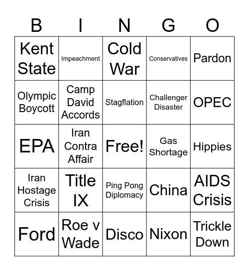 70s/80s Bingo Card
