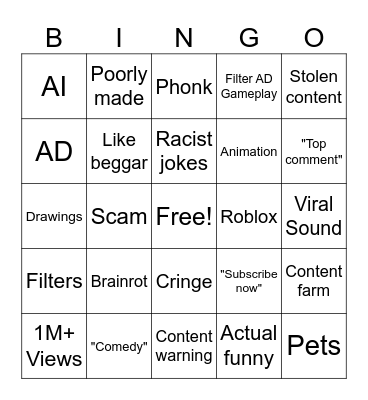 YT Shorts Bingo Card