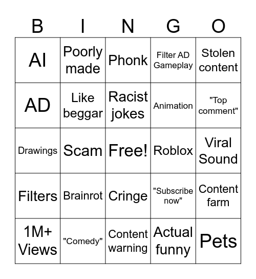 YT Shorts Bingo Card