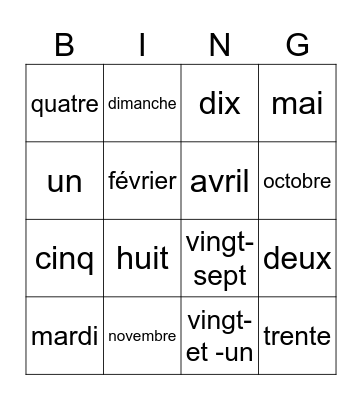maanden dagen getallen 1-31 Bingo Card