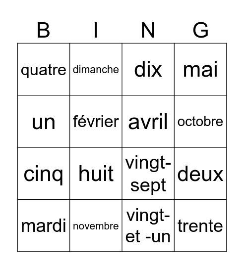 maanden dagen getallen 1-31 Bingo Card