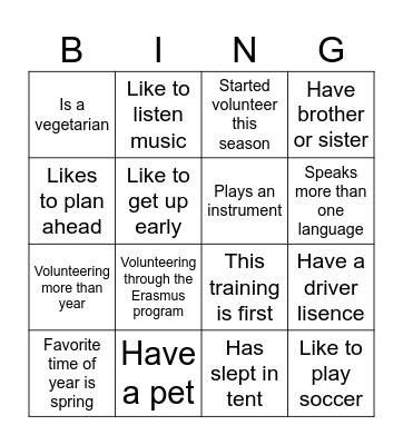 Volunteer workshop Bingo Card