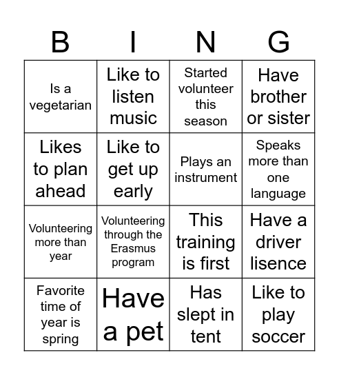 Volunteer workshop Bingo Card