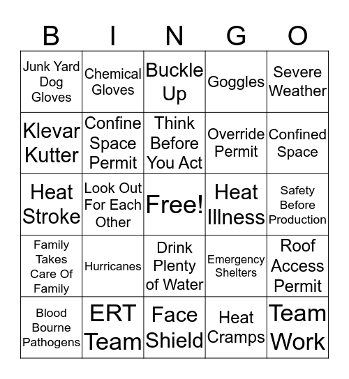 Safety Bingo Card