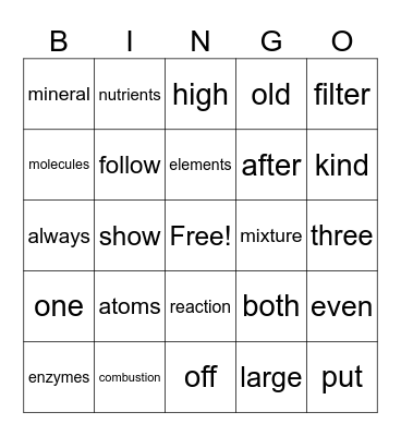Science Vocabulary Bingo Card