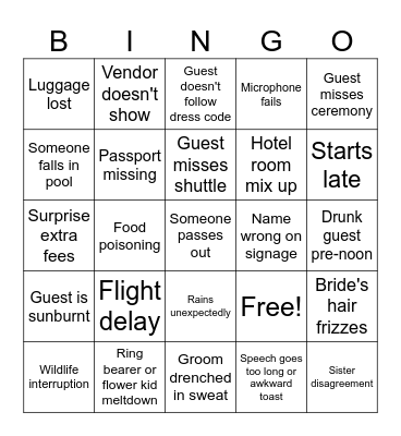 Destination wedding disaster bingo Card